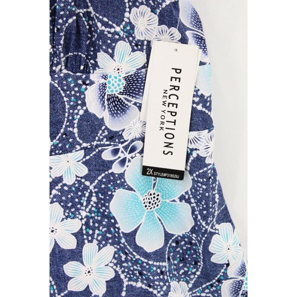 Perceptions New York Dress Womens Blue Floral Short Sleeve Denim/Turo V Neck 2XL - Picture 5 of 10